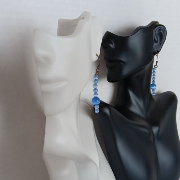 Hand Crafted Periwinkle Blue Dangle Earrings With Banded Agate Round Beads NWT - Picture 2 of 16